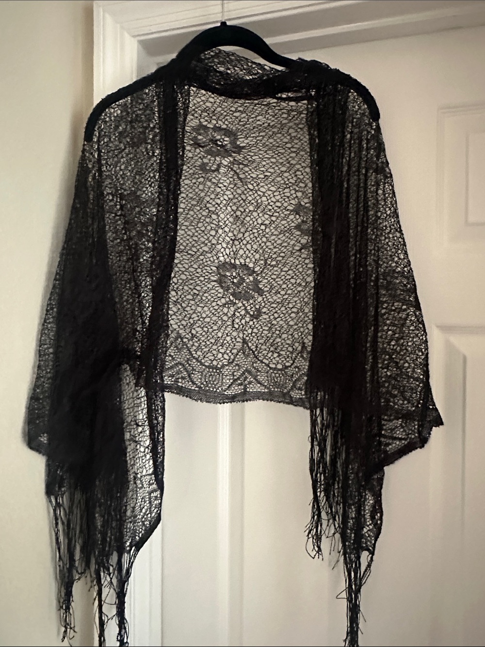 Sheer Black Lace Fringe Shawl